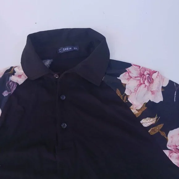 Shein Men's Size M Black Rose Short Sleeve Polo Shirt - Picture 3 of 8